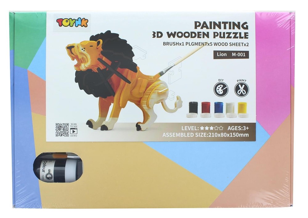 3D Wooden Lion Puzzle Kit for Creative Painting and Assembly