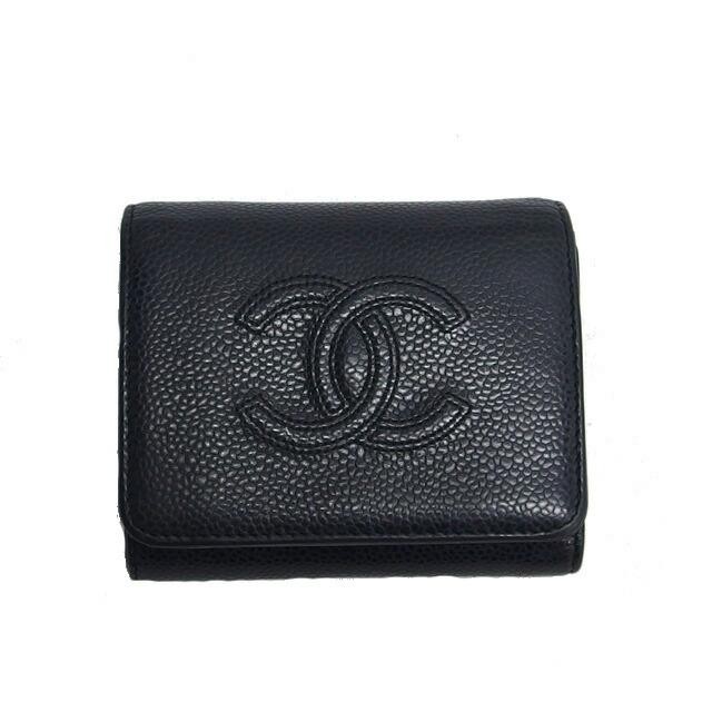 CHANEL Coco Mark Trifold Wallet Purse Leather Caviar Skin Black With Box Auth