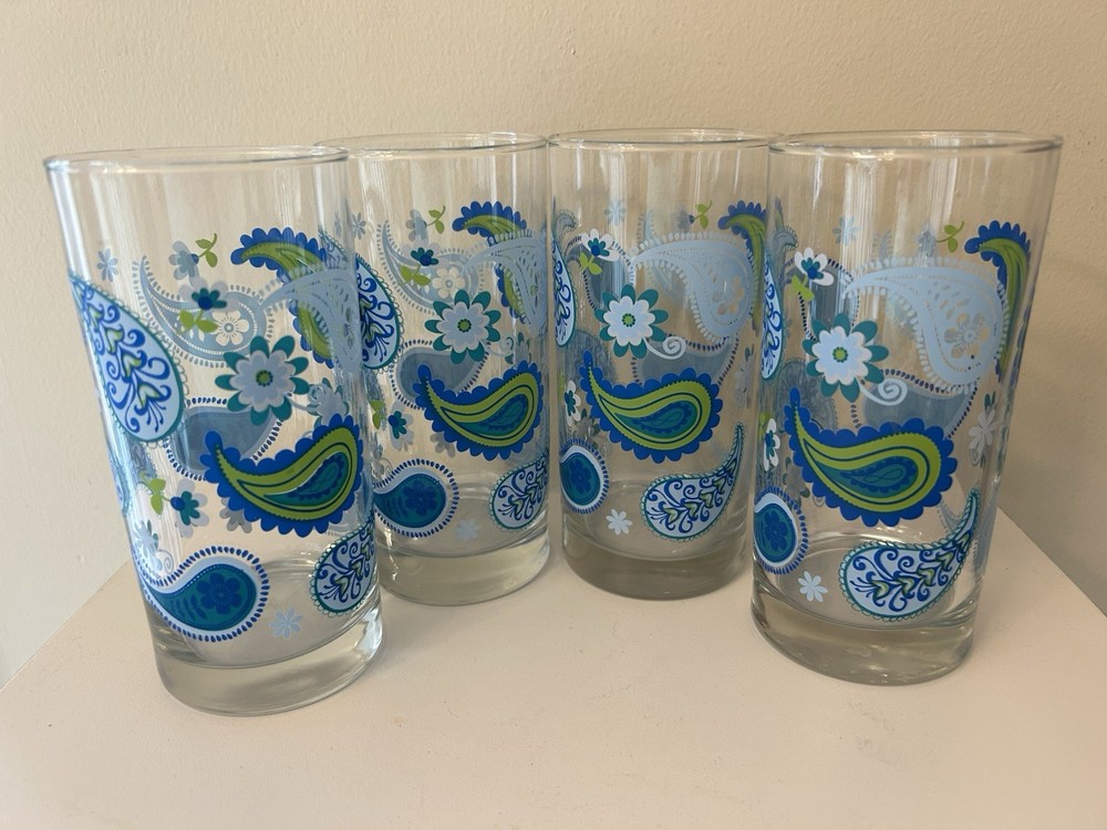Set of 4 VTG Libbey Crisa Blue Green Paisley Retro 6” Tumblers Drinking Glasses