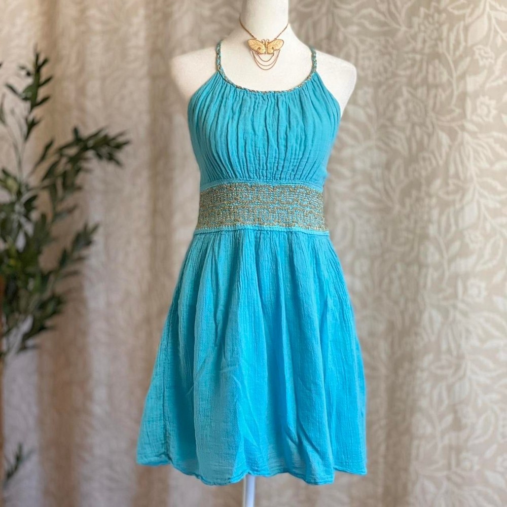 Blue Grecian Bambaki Cotton Gold Embroidered Greek Key Pattern Dress Size S/M