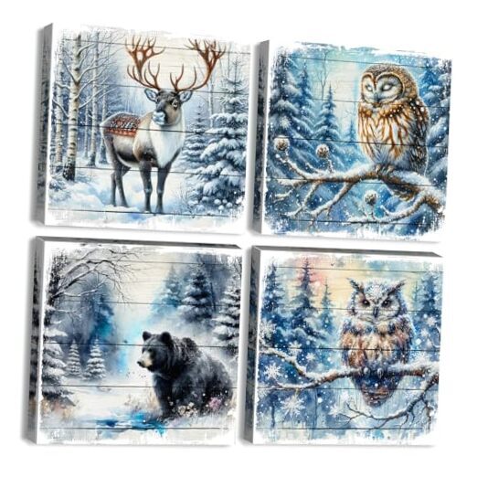 Forest Deer Pictures Wall Decor Christmas Wall Art Bear 12x12inch Winter Animal