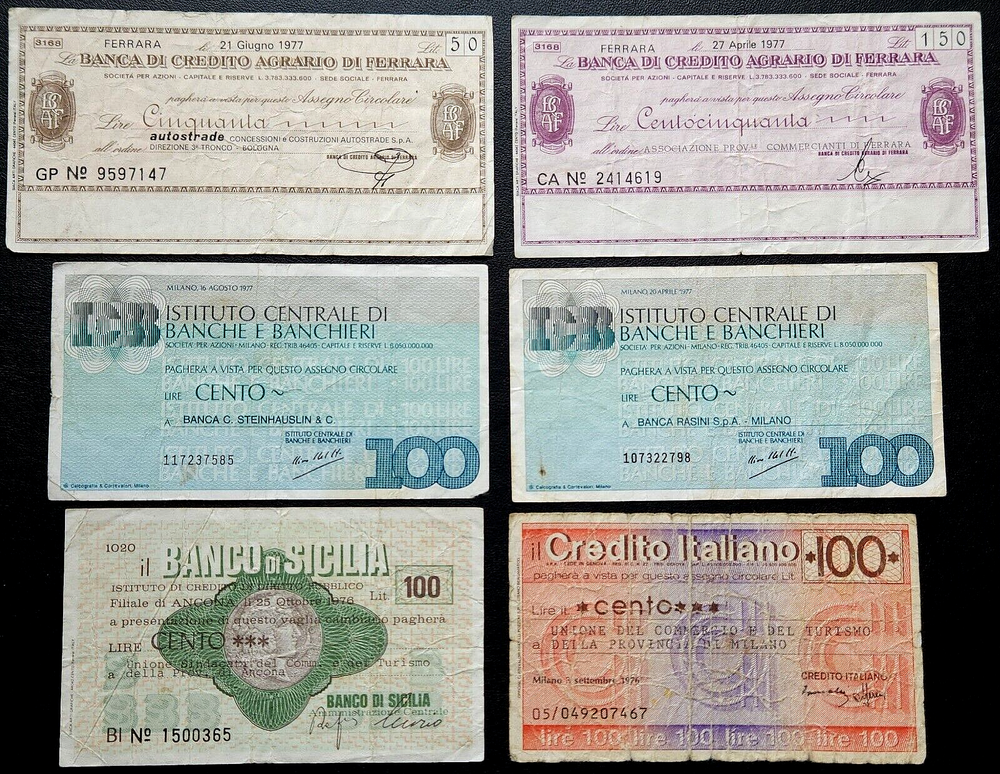 Lot of 6x Italy Banknotes / Cashier's Cheques - 1976 & 1977