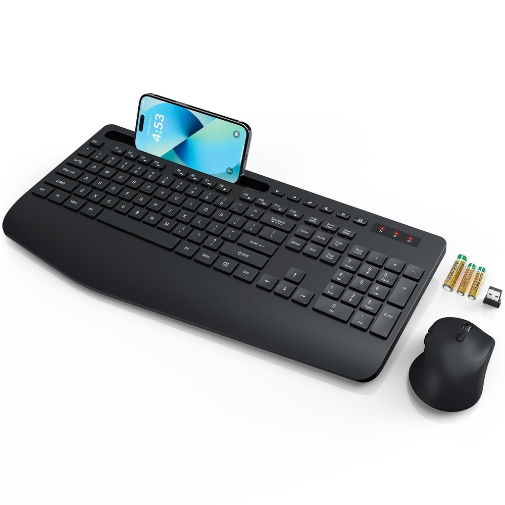 Wireless Keyboard and Mouse Combo with Wrist Rest Phone Holder and Batteries Included  
