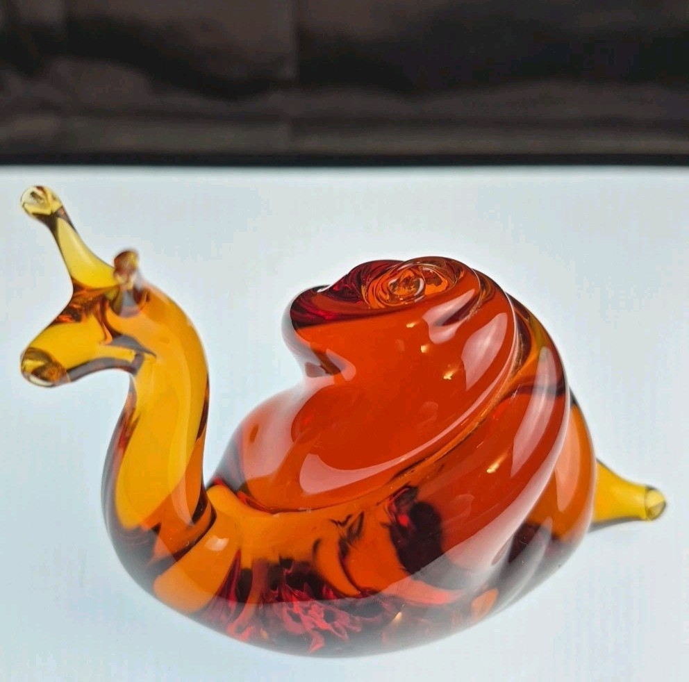 VTG Art Glass Snail Figurine Amber Gold Hand Blown Murano Style Paperweight MCM