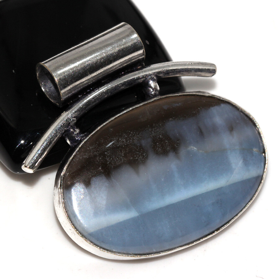 925 Silver Plated Owhyee Blue Opal Ethnic Chunky Pendant Jewelry Size 1.3