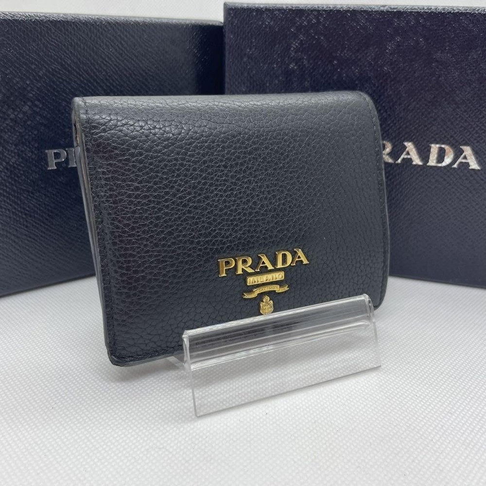 Prada Black Brown Leather Bifold Wallet with Coin Pocket Pre-Owned