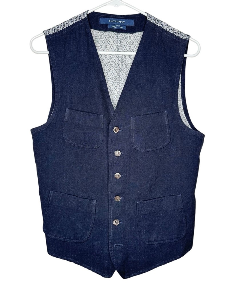 Suitsupply Men’s Linen Blend Multipocket vest Waistcoat Size 44 Navy Blue