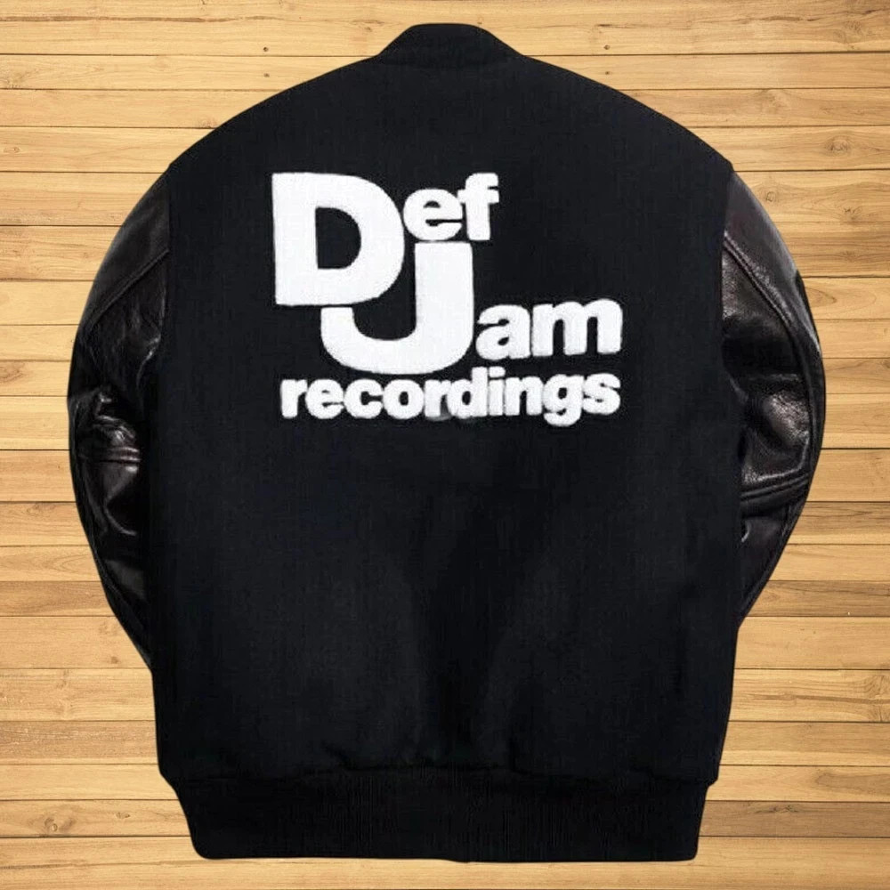Letterman Def Jam Recording Varsity Jacket All black With Wool & Leather Sleeves