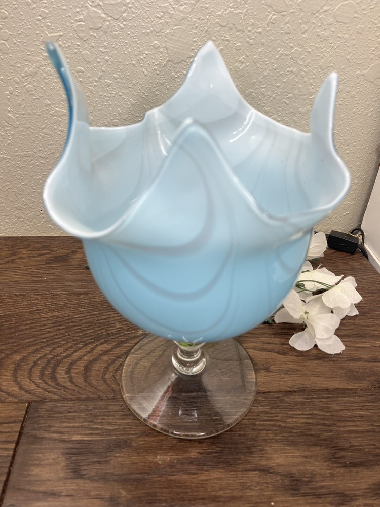 VTG 1970s MCM Blue Handkerchief Folded Pedestal Vase Bowl 10 Inch Mid Century