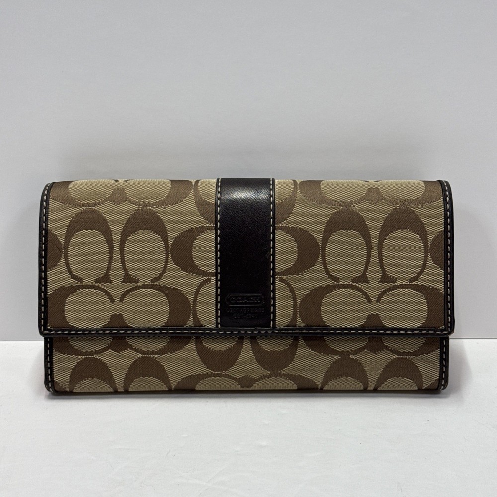 Vintage Coach Mongram Signature Brown Beige Canvas and Leather Tri-fold Wallet