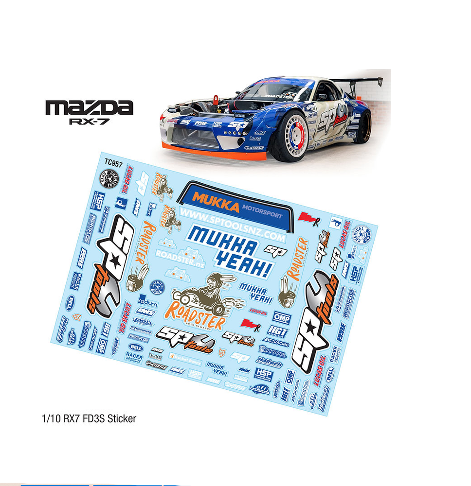 Mukka Yeah! Roadster Sticker Set for Mazda RX7 FD3S 1:10th scale RC drift car.