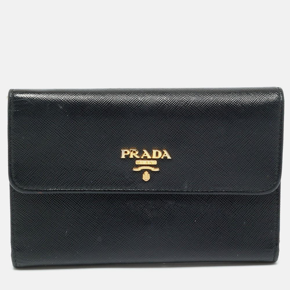 Prada Black Saffiano Leather Trifold Wallet with Logo