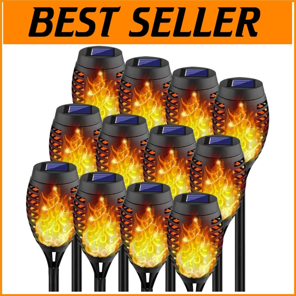 12 Pack Solar Torch Lights with Realistic Flickering Flames – Waterproof Outdoor Patio Decor  