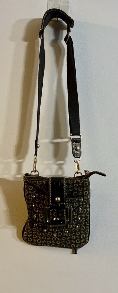 Y2K Guess Women’s Crossbody Black And Tan Fabric, Black Leather Trim