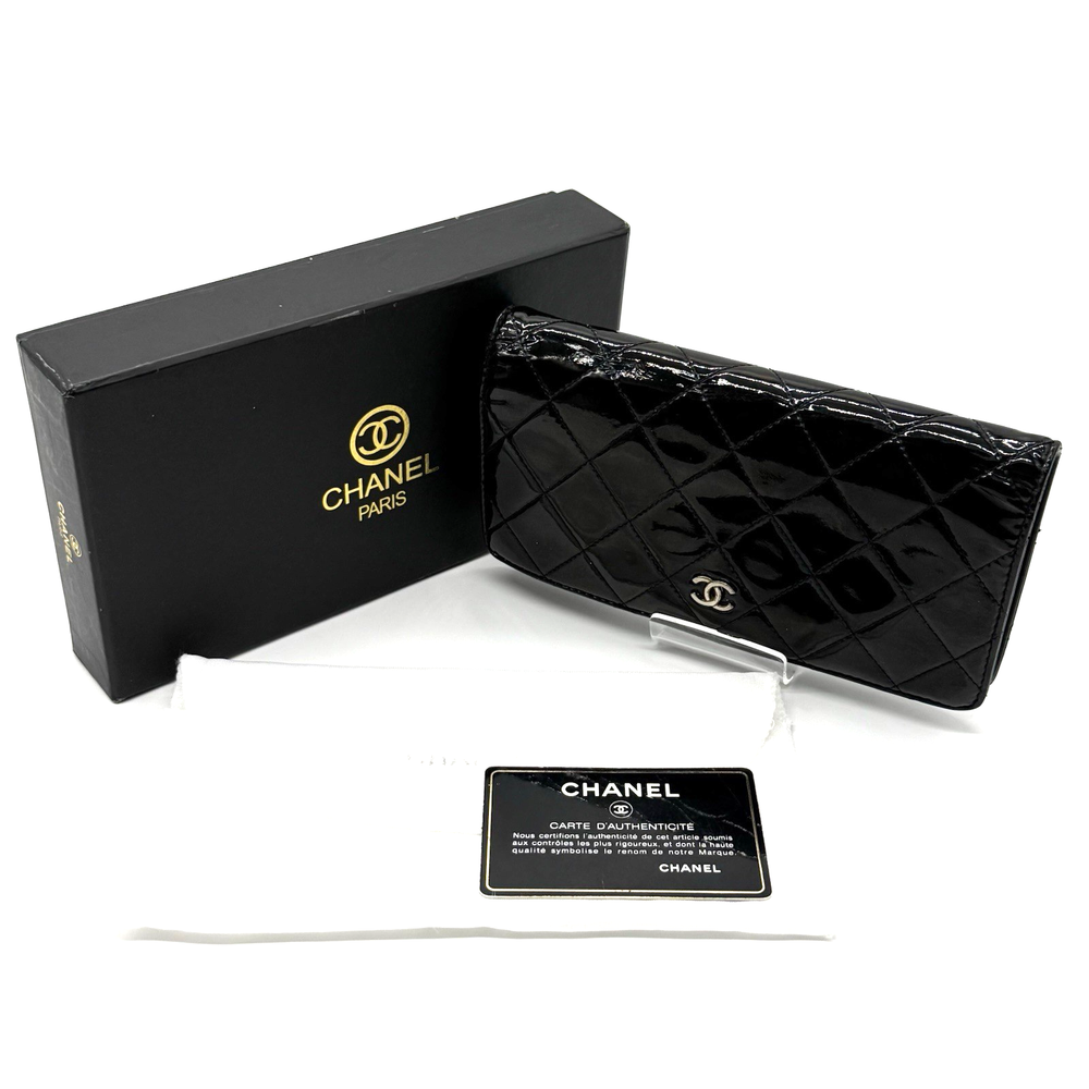 CHANEL Black Patent Leather Matelasse Long Wallet with CC Coco Mark Authentic