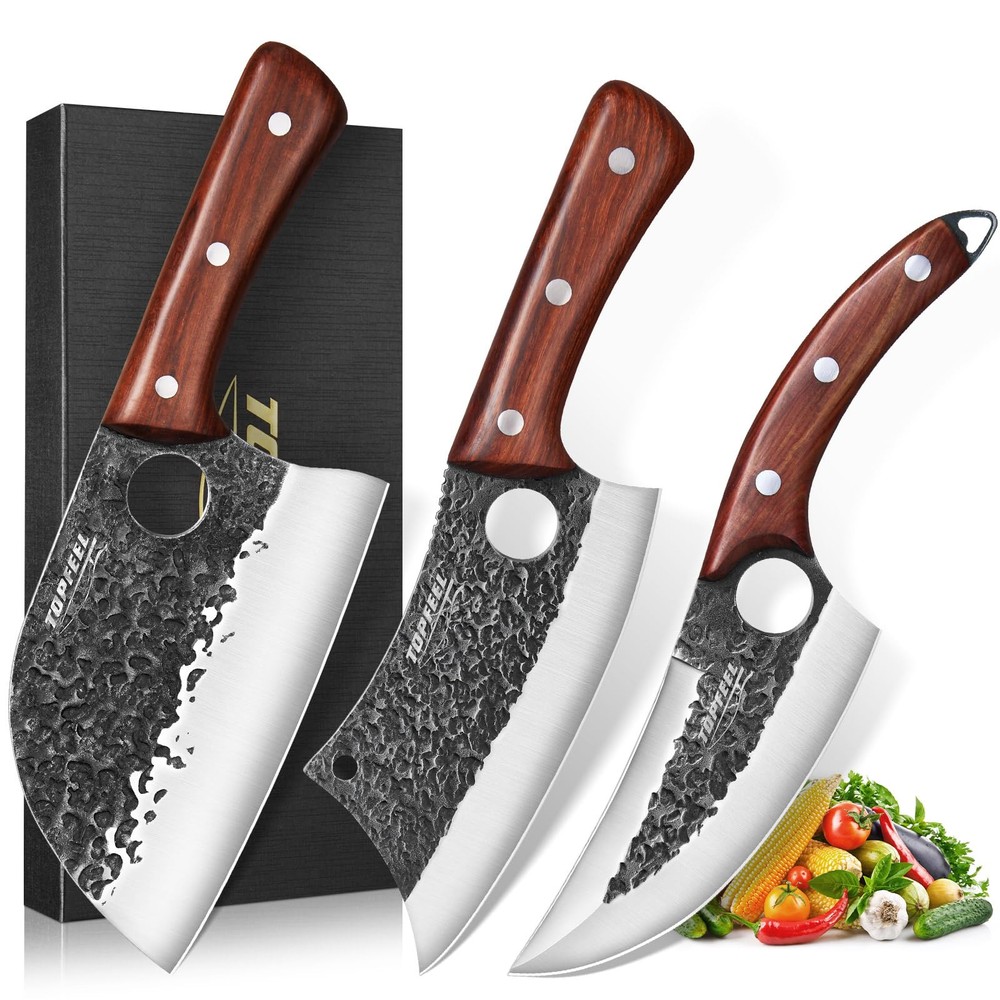 3PCS Hand-Forged Serbian Chef Knife and Meat Cleaver Set