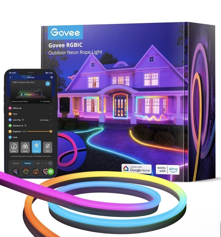 Govee 32.8ft RGBIC Outdoor Neon Rope Lights IP67 Waterproof for Patio Deck Garden Decor