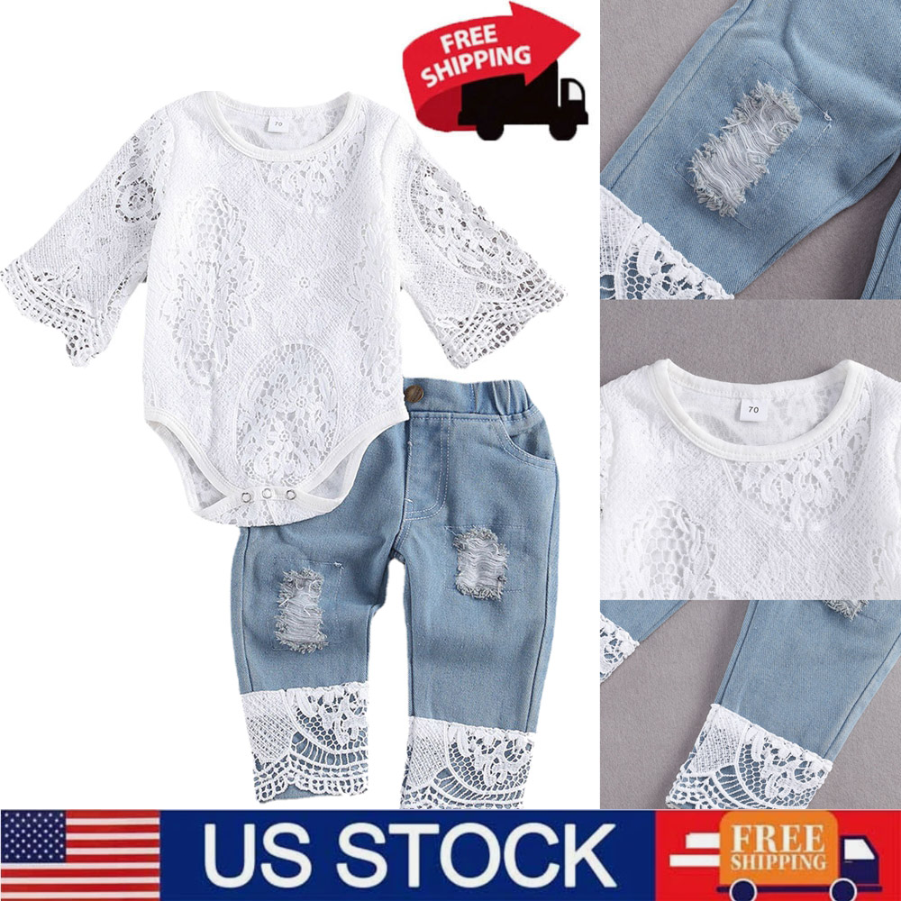 Newborn Infant Baby Girl Clothes Lace-patterned Top Denim-plaid Lace Pants Set
