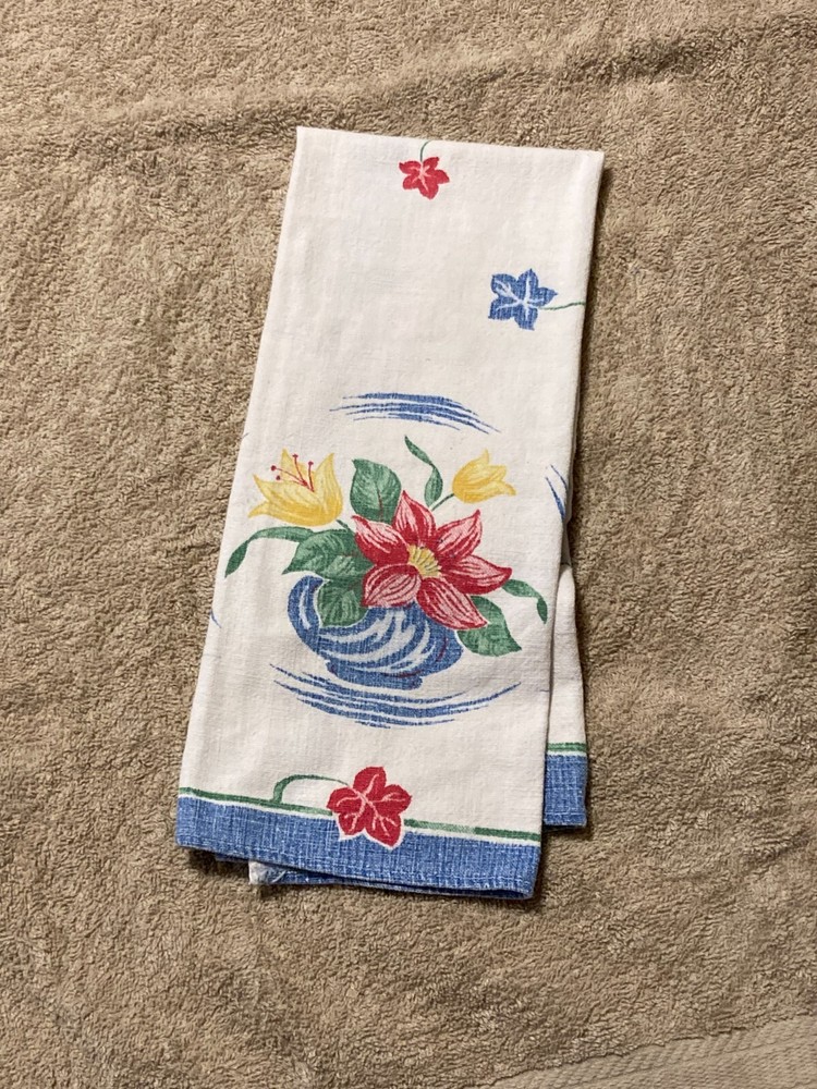 Startex Red Yellow And Blue Leaves Flower And Blue Urn Blue Edge Kitchen Towel