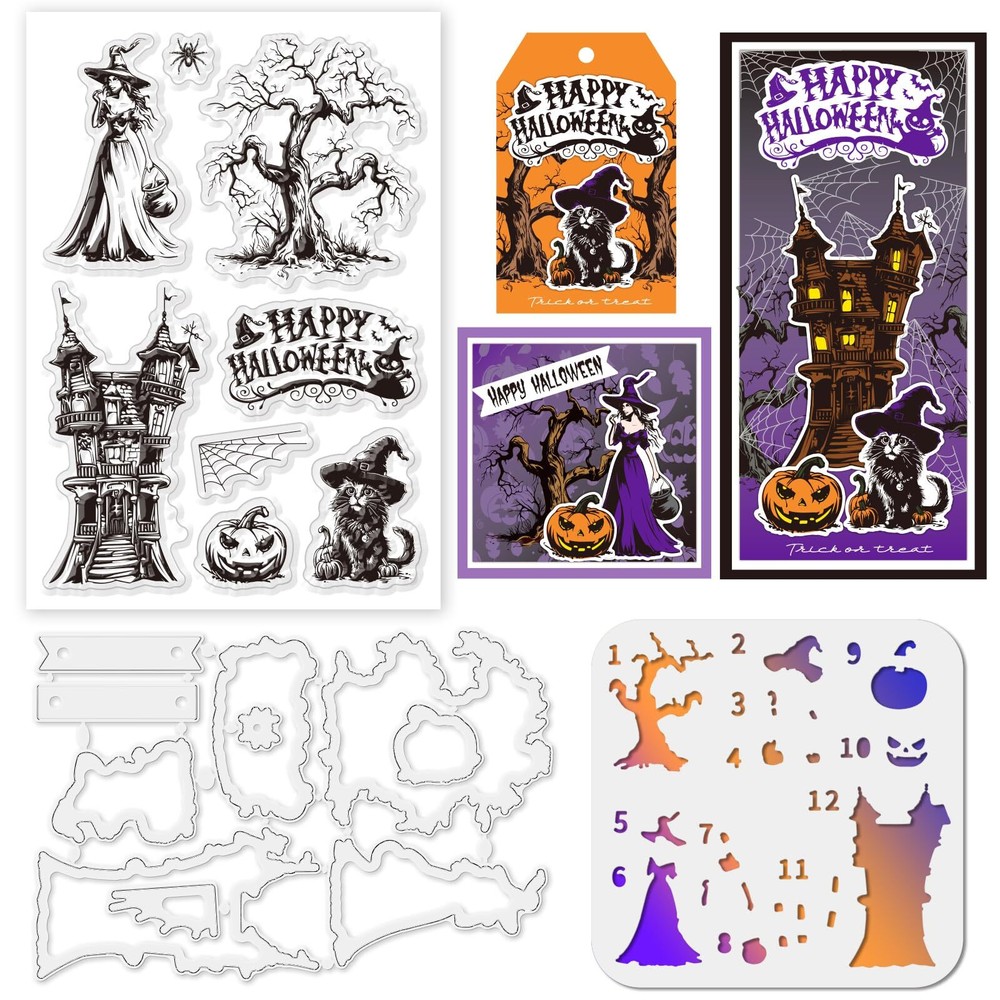 3PCS Halloween Stamps and Dies Set Layered Stencil for Card Making Halloween ...