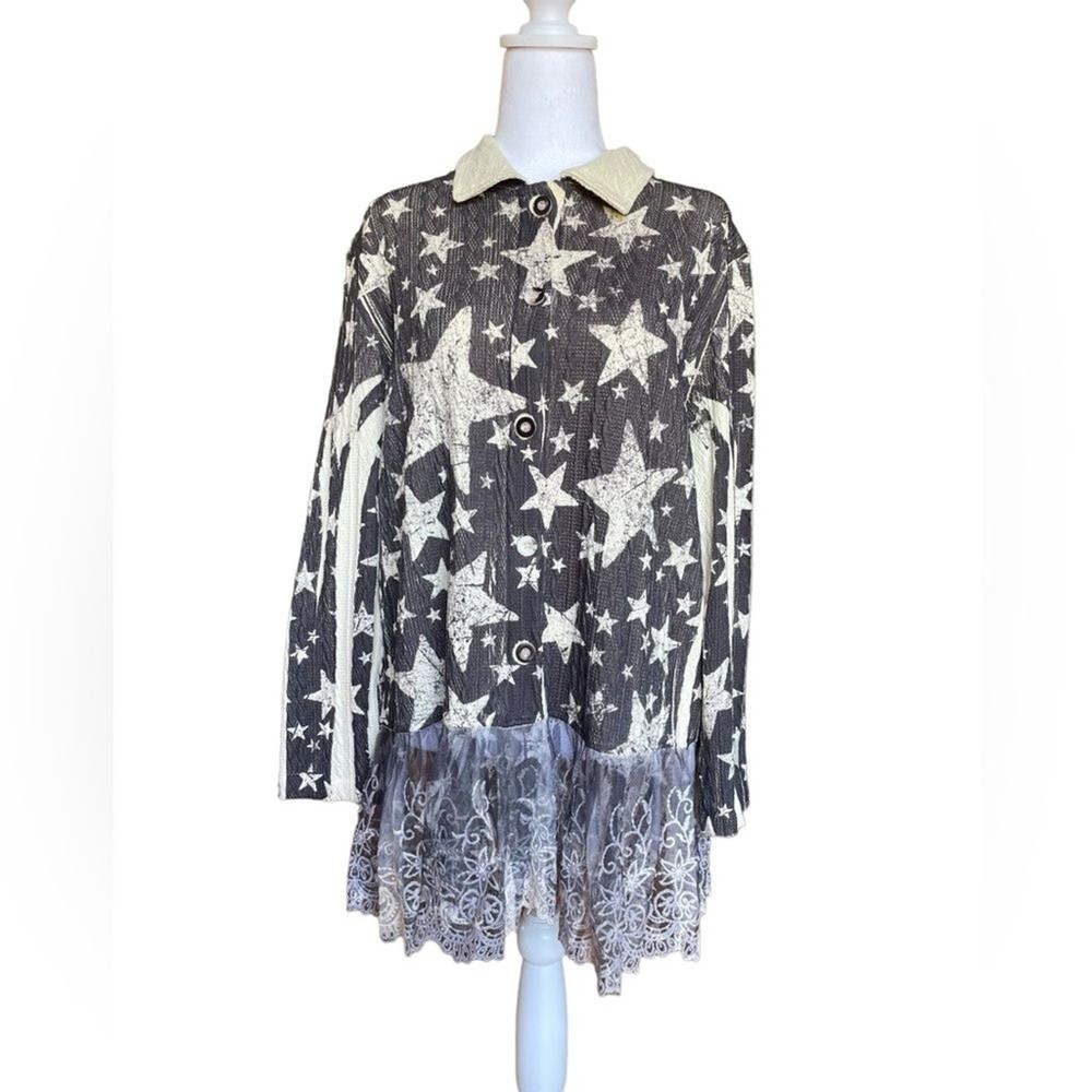 Origami Star Print Lace Trim Tunic Blouse Jacket Womens Size Small Medium
