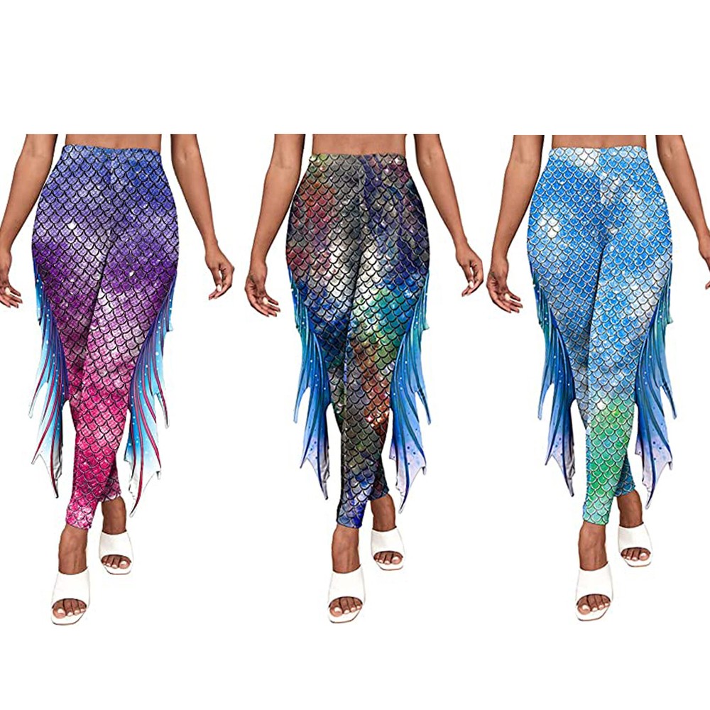 Women Pant Glossy Mermaid Halloween Fish Scale Print Tummy Control Running Tight