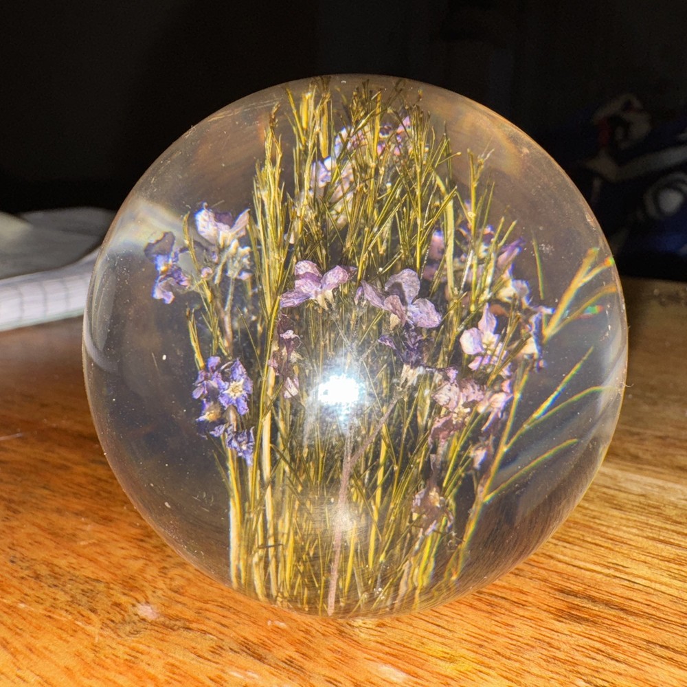Hafod Grange Lucite Paperweight Forget Me Not Purple Pink Great Britain 2.5