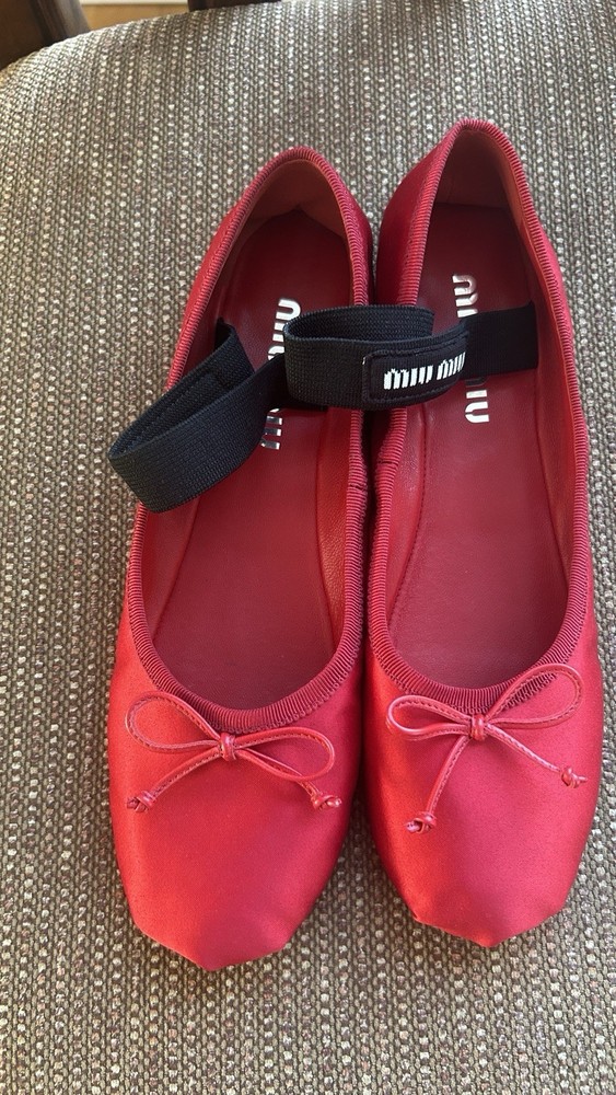 Miu Miu Red Satin Ballet Flats Bow Ankle Strap Women's EU 37 Slip On