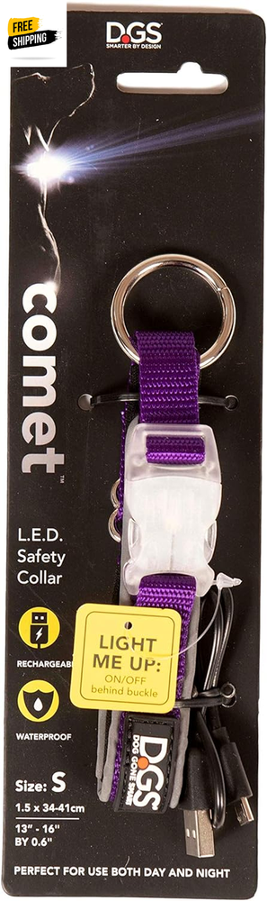 Dog Gone Smart Rechargeable LED Light up Comet Dog Collar, Purple, Small, 13
