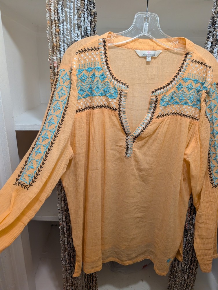 Margaritaville Cotton Embroidered Floral Tunic Long Sleeve Split Neck Blouse XL