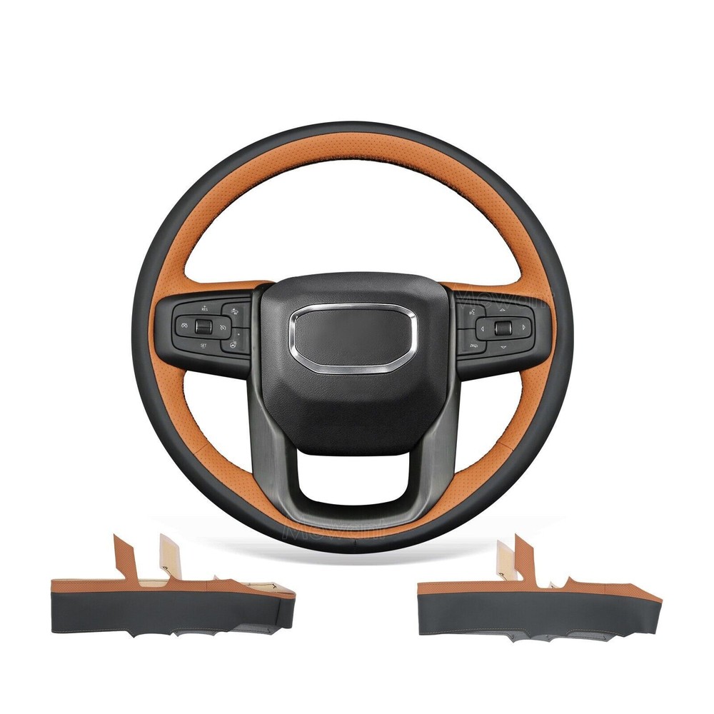 Handsewn Black Brown PU Leather Steering Wheel Cover for GMC Sierra 1500 Limited