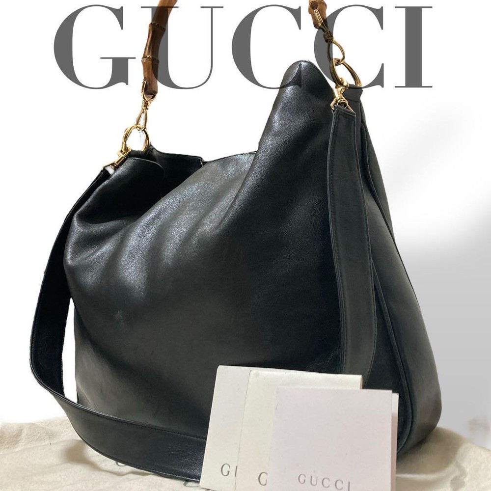 Gucci Vintage Bamboo Handle Black Leather Tote Shoulder Bag