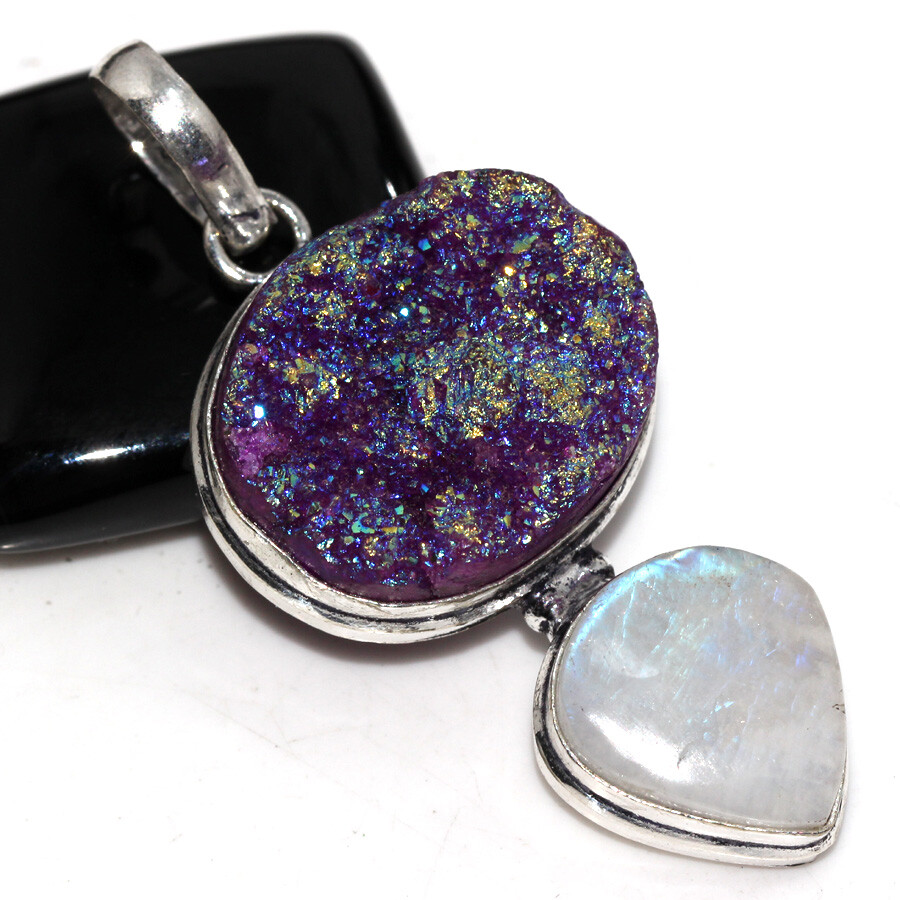 Purple Titanium Druzy Rainbow Moonstone Long Gemstone Pendant 2.1