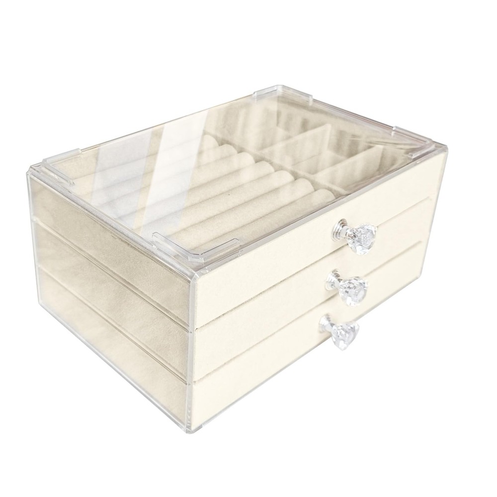 Clear Acrylic Velvet-Lined Jewelry Organizer with Stackable 3-Drawer Storage Display