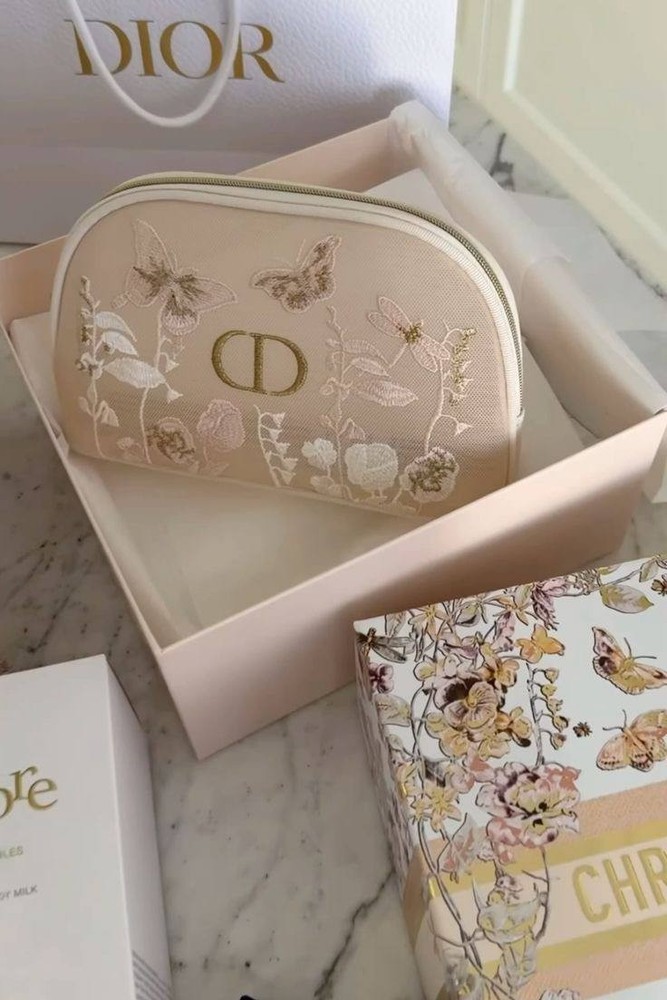 Christian Dior White Embroidered Butterfly Cosmetic Case Pouch