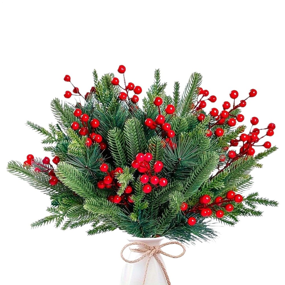 60Pcs Christmas Artificial Branches Fake Plant Pine Needles Red Berry Wreath