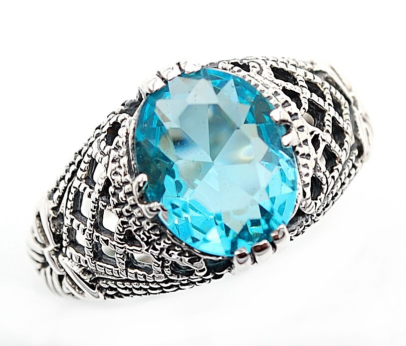 2CT Aquamarine Sterling Silver Art Nouveau Ring Size 9