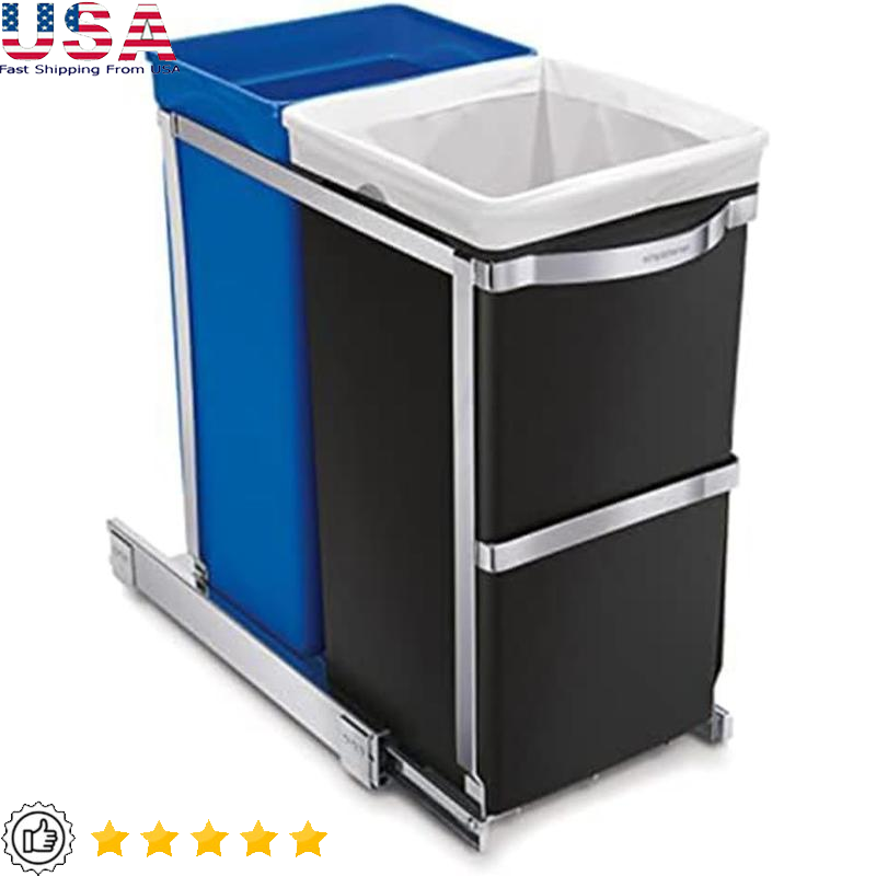 35 Liter 9.3 Gal Recycle Kitchen Bin Dual Compartment Under Counter New