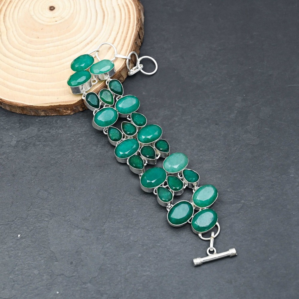 Skota Emerald Gemstone Handmade 925 Sterling Silver Jewelry Bracelet 7-8