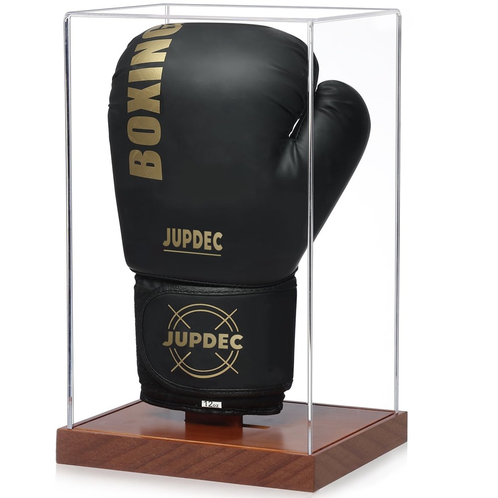 Clear Acrylic Boxing Glove Display Case with Wood Base & Plank