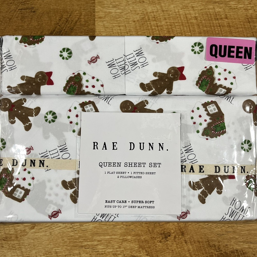 Rae Dunn Christmas QUEEN Size Sheet Set Home Sweet Home Gingerbread Man Cookie