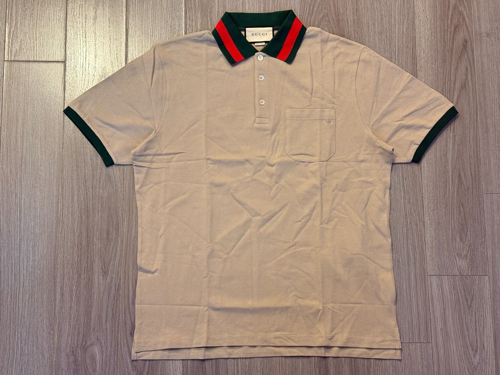 Gucci Beige Cotton Piquet Polo Shirt with Web Collar Size L