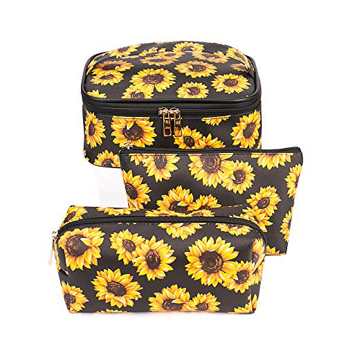 FITINI 3-Pack Sunflower Makeup and Toiletry Bags for Travel