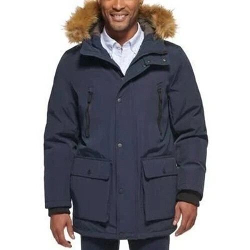 Club Room Mens Removable Faux Fur Hood Parka Jacket, Navy,   M