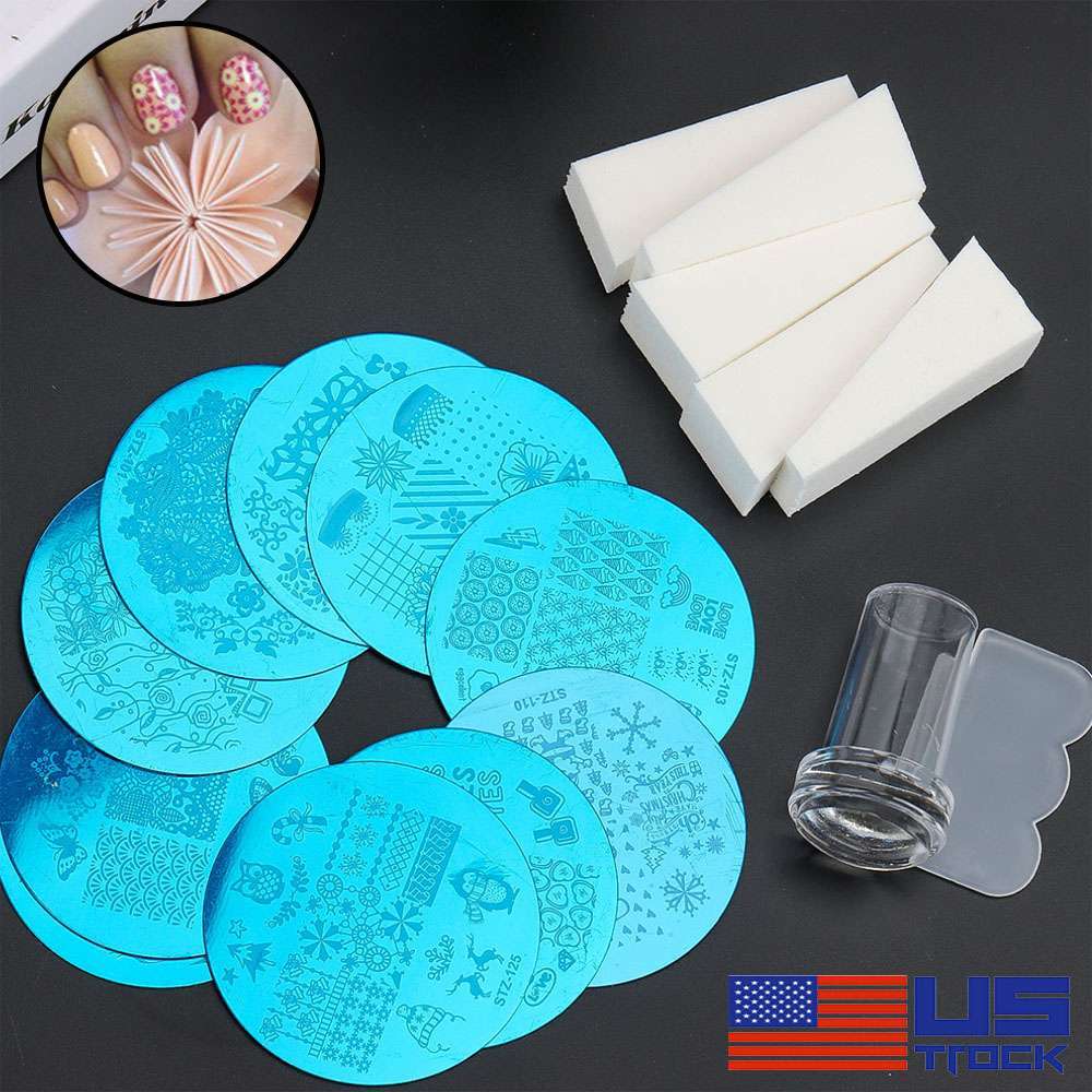 17PCS Nail Art Stamping Plates Scraper Kit Stamper Image Stamp Template Set US