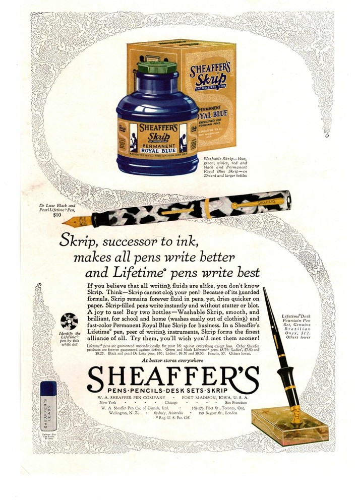 1929 W. A. Sheaffer Fort Madison Iowa Skrip Ink Fountain Pens Desk Set Print Ad