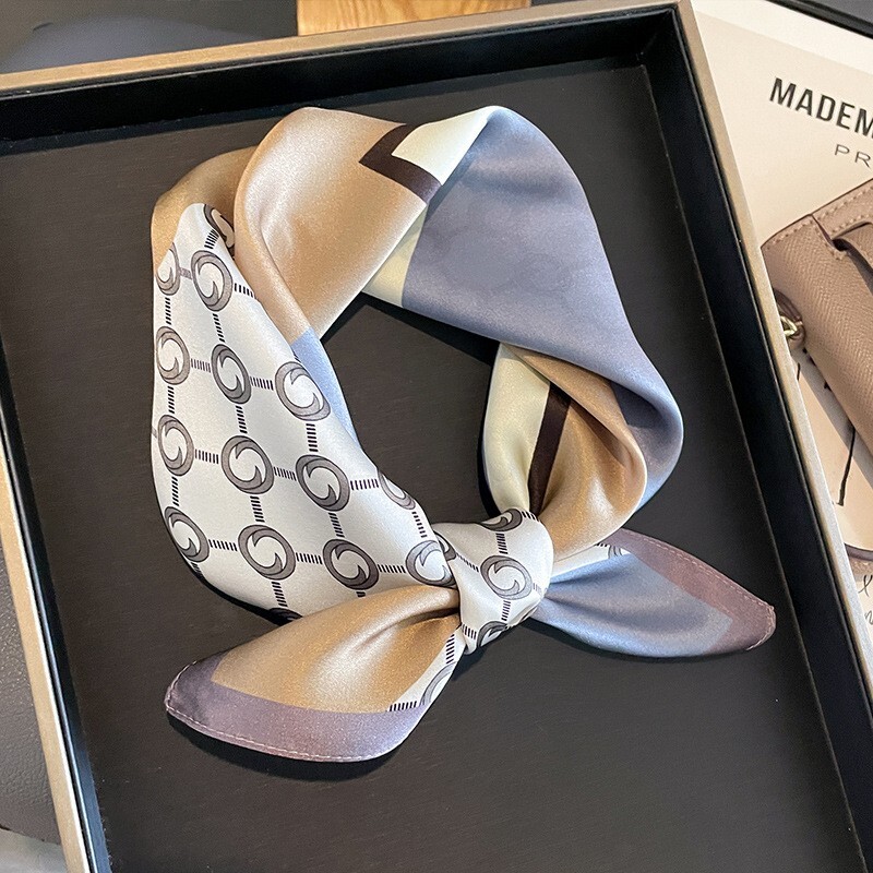 100% Silk Bandana Scarf Gray Geometric Hair Wrap 53x53cm