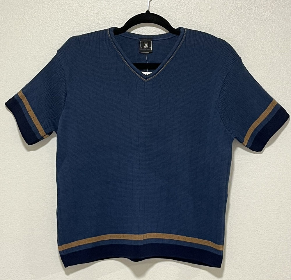 Vintage Maurice’s Cotton V-neck Sweater Large Blue Tan Classic Preppy Academia