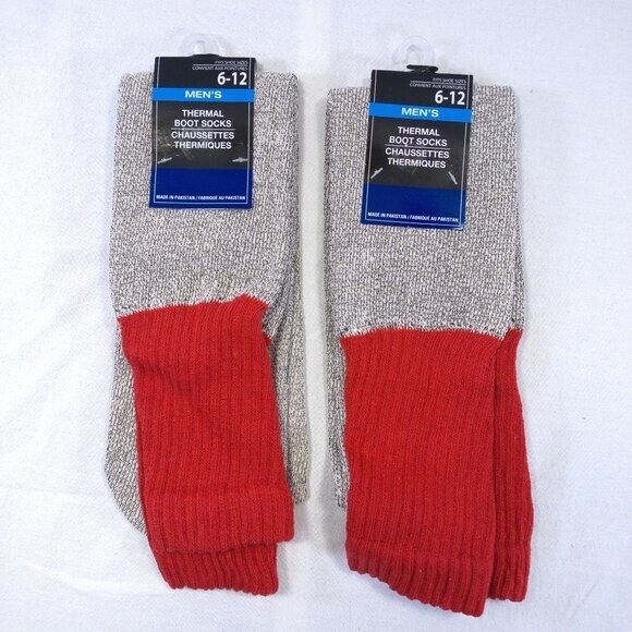 Two Pairs Of Mens Gray and Red Thermal Boot Socks Fits Shoe Sizes 6-12