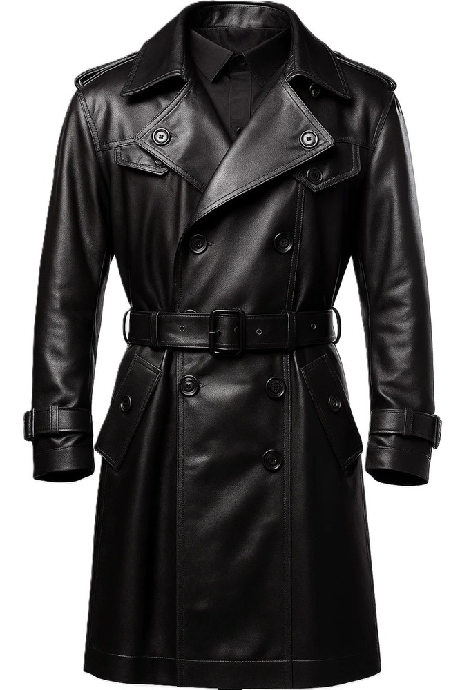 Men’s Long Black Genuine Leather Trench Coat Vintage Double-Breasted Belted Coat